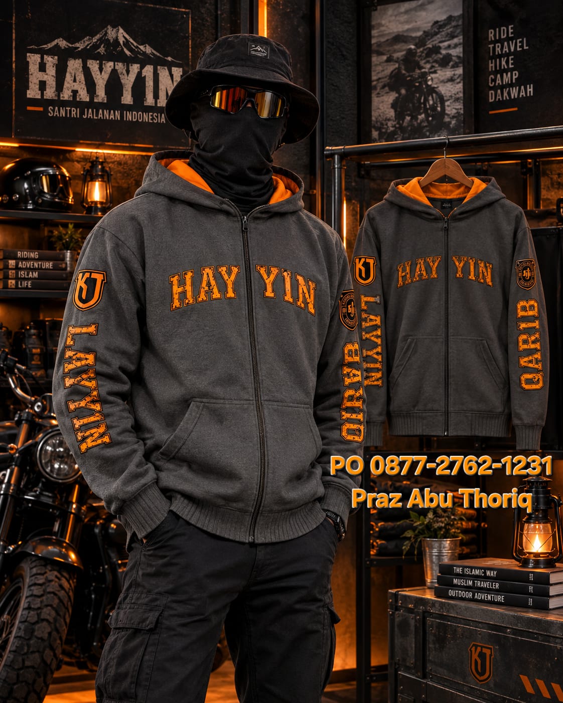 Hoodie Zipper Outdoor Muslim Hayyin – Grey Charcoal Orange Premium