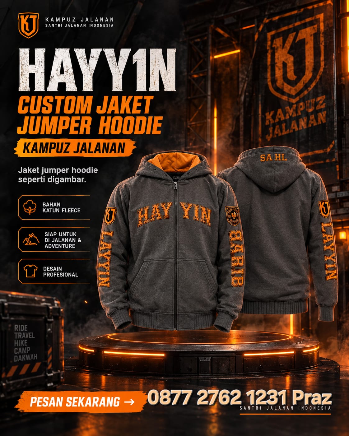 Hoodie Zipper Outdoor Muslim Hayyin – Grey Charcoal Orange Premium